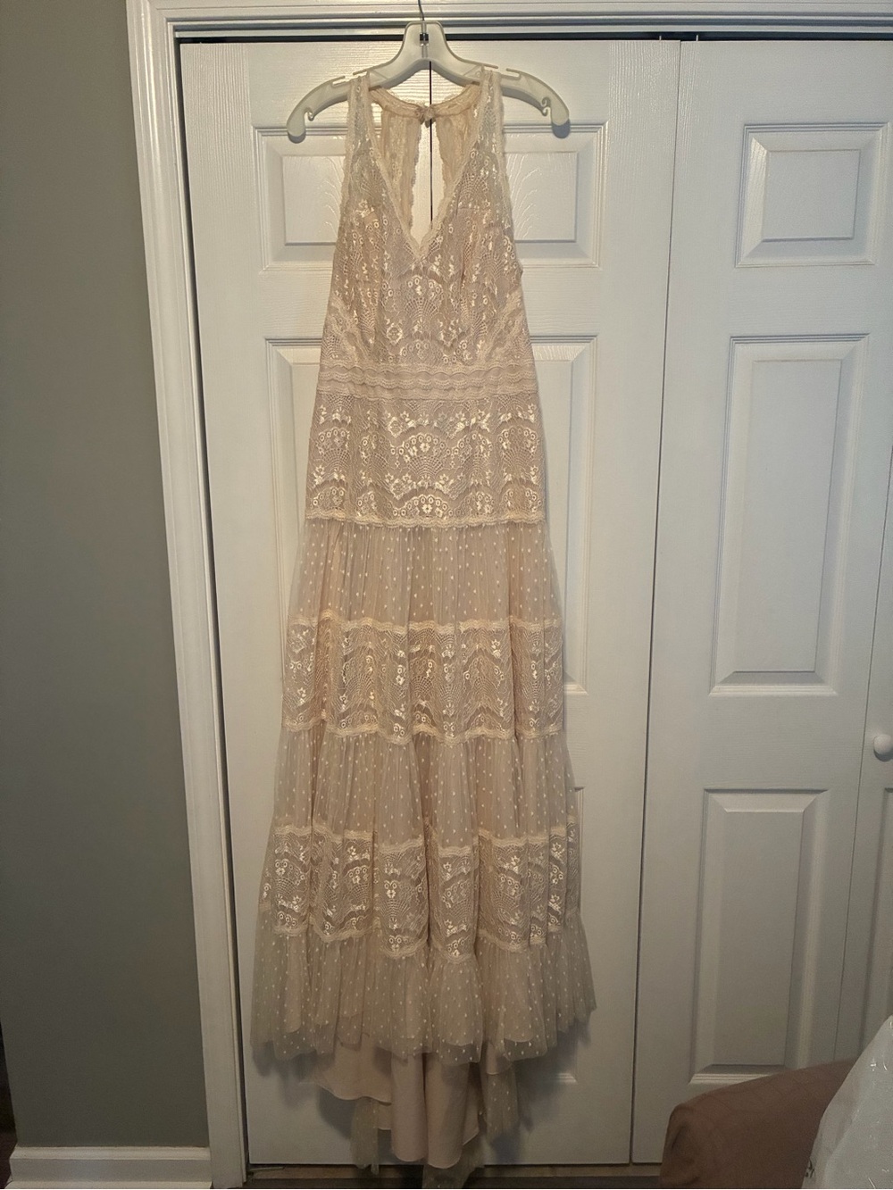 Halter Lace Tiered Maxi Dress in Champagne Blush